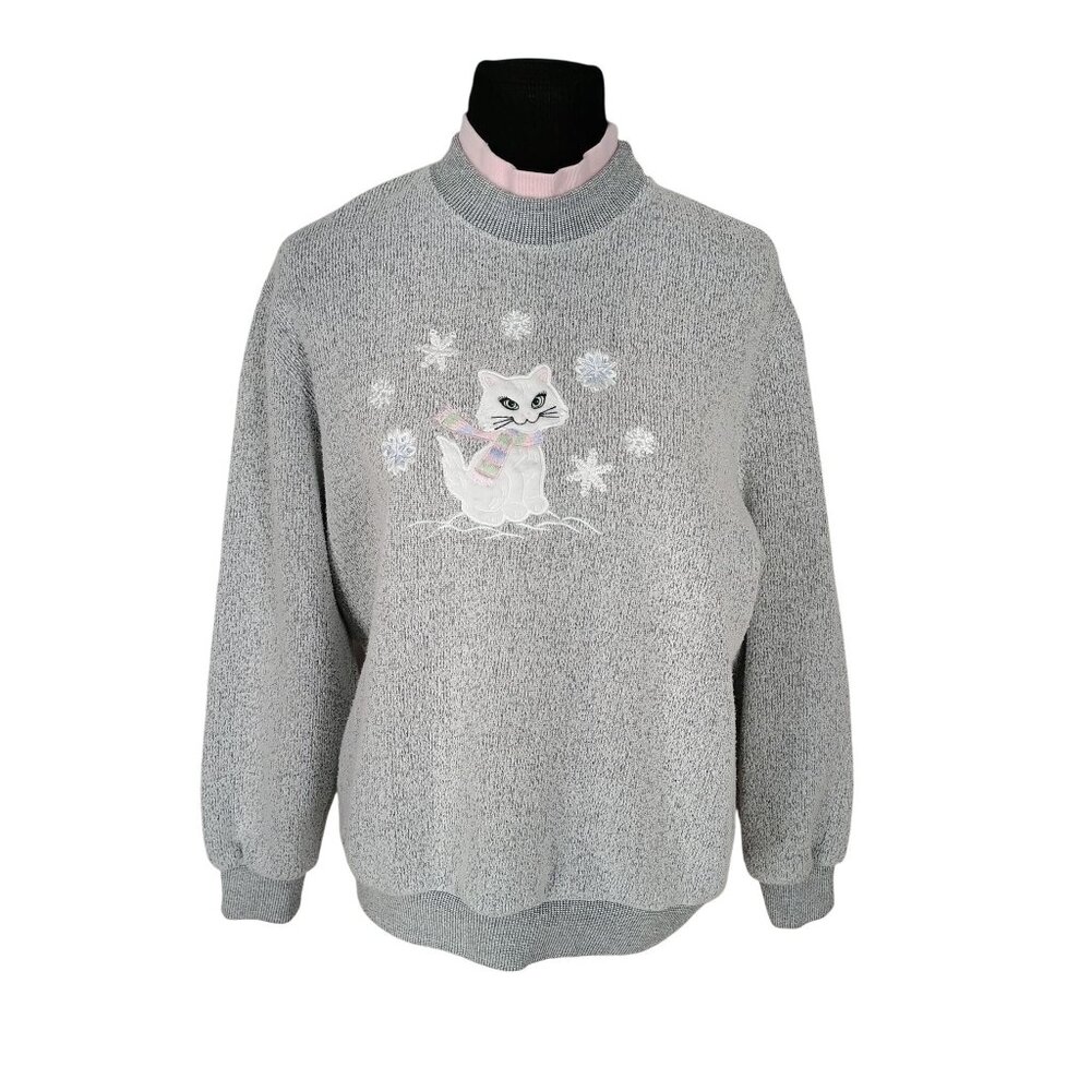 BonWorth Vintage Gray Embroidered Cat Sweatshirt Medium Petite Mock Neck Winter